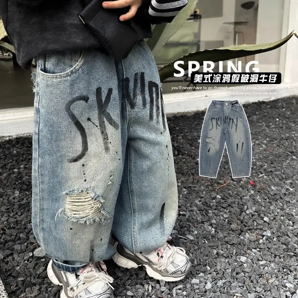 

Kids Trousers Boys Fashion Ripped Graffiti Jean Baby Loose Casual Denim Pant Children's Clothing