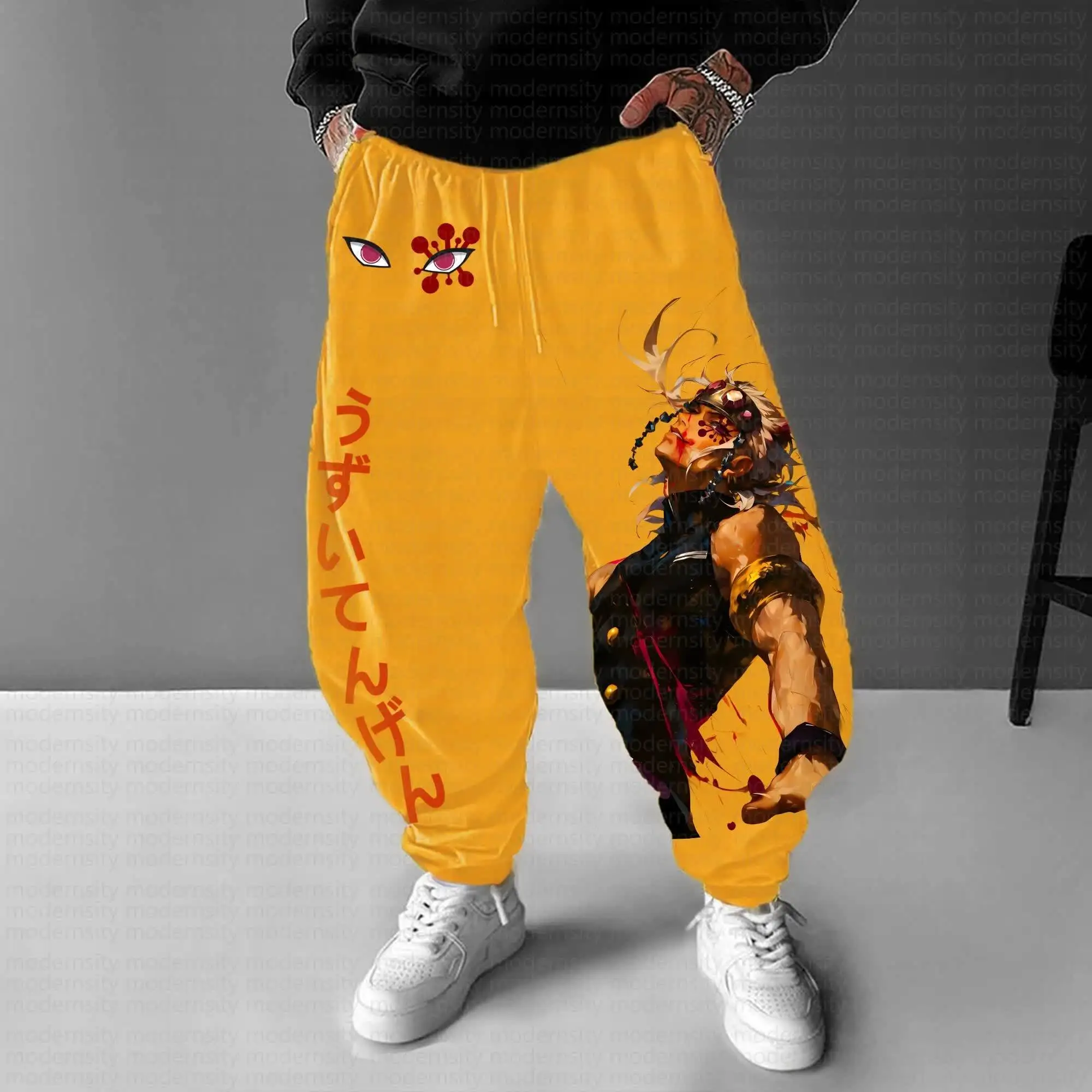 Conjunto de moletom com capuz amarelo Demon Slayer Kimetsu No Yaiba Tanjiro Kamado com estampa de personagem e design de padrão vermelho moletom de algodão