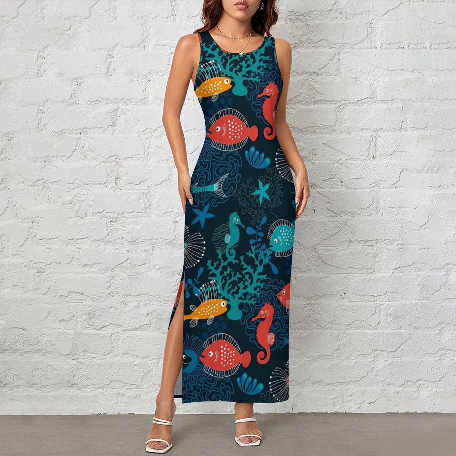 Women Bodycon Dress Club Sexy Cute Sea Fish Maxi Dresses Spring Tropical Animal Sleeveless Aesthetic Custom Dress Big Size 4XL