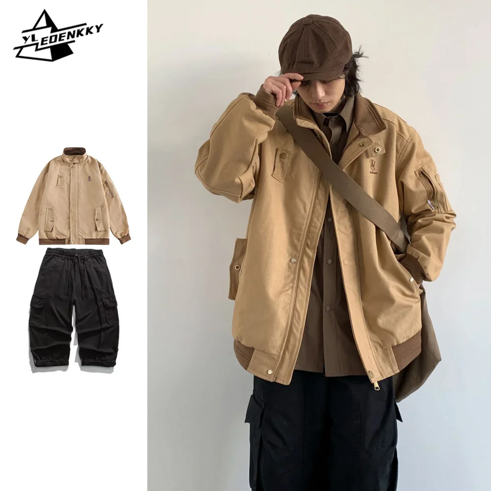 Cargo Vintage Sets Men Women Embroidered Stand-up Collar Casual Jackets+Autumn Wide-leg Straight-leg Loose Pants Two-piece Suit