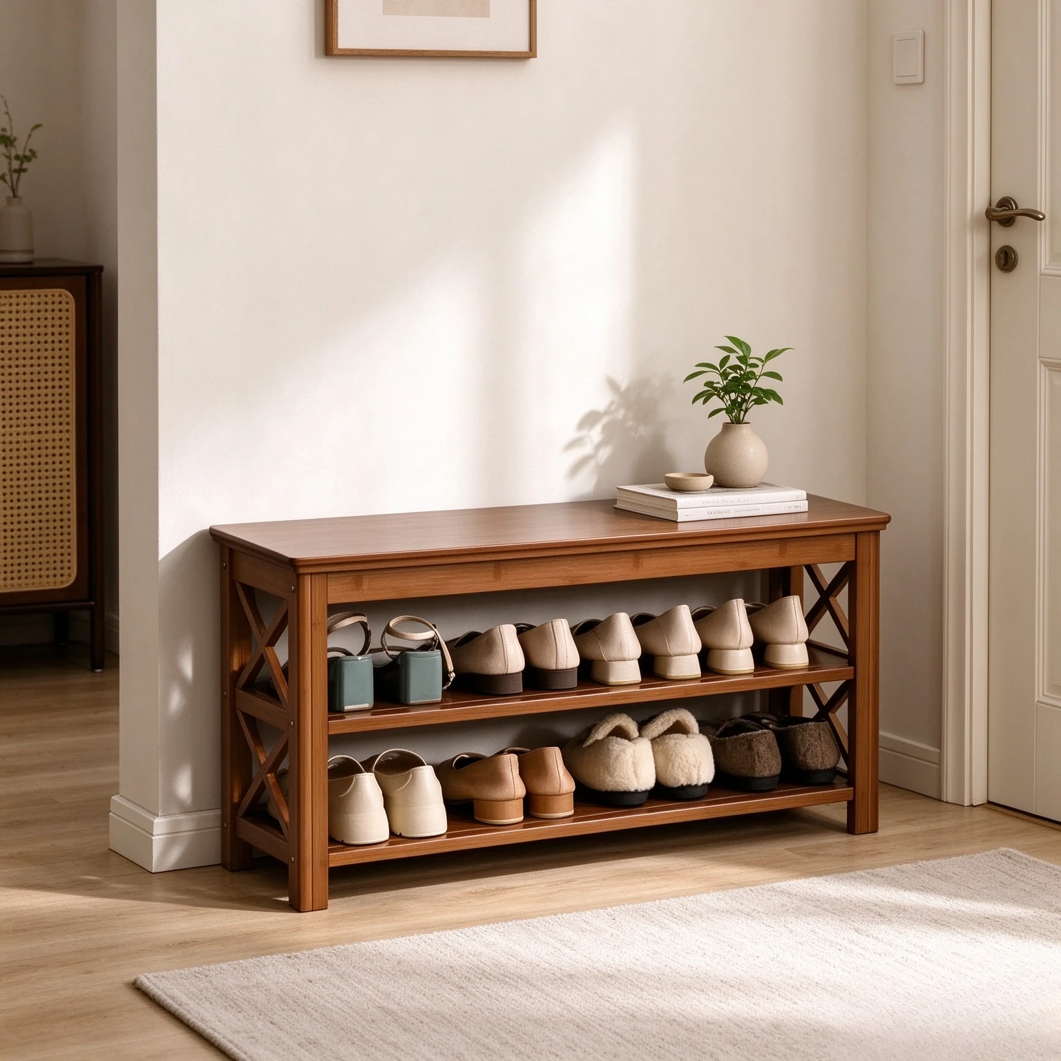Nordic Bamboo Entryway Shoe Bench, Double Layer Space Saving Shoe Rack Cabinet with Seat for Hallway and Small Apartment