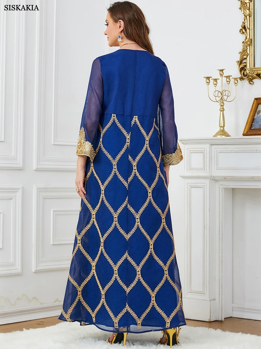 Siskakia Evening Dresses With Long Sleeves Embroideried V-Neck Muslim Luxury Abayas For Women Turkey Islam Moroccan Kaftan 2024