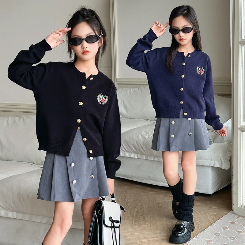 

College style girls jk set Knitted cardigan sweater+Pleated skirt 2pcs teen kids skirts suit children clothing outfits conjuntos