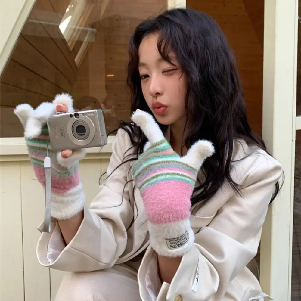 Korean Style Colorful Striped Gloves Harajuku Soft Full Fingers Mittens Rainbow Color Comfortable Striped Knitted Gloves Girls