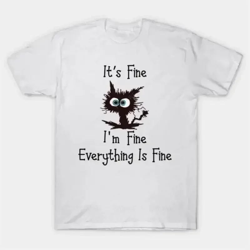 black MAN COTTON T-SHIRT  Male fashion top tees cat Its Fine Im Fine Everything Is Fine Graphic Oversized T Shirt 2024