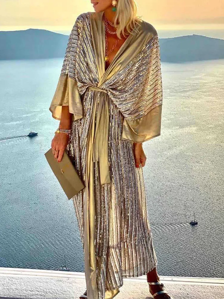 Robe de plage trois-quarts à manches chauve-souris pour femmes, robe de vacances à col en V, robe à lacets à paillettes, robe de soirée maxi patchwork pour dames, été 2022