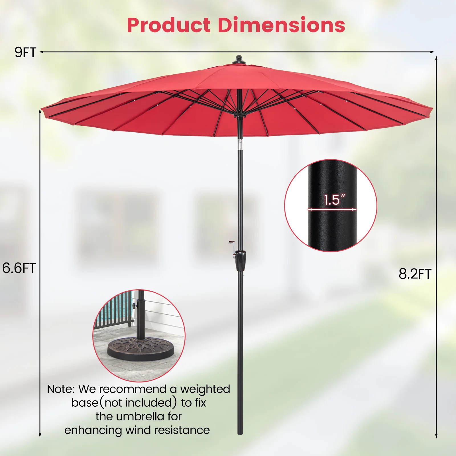 9 FT Patio Round Market Umbrella w/ Push Button Tilt, Crank Handle, Vented Top