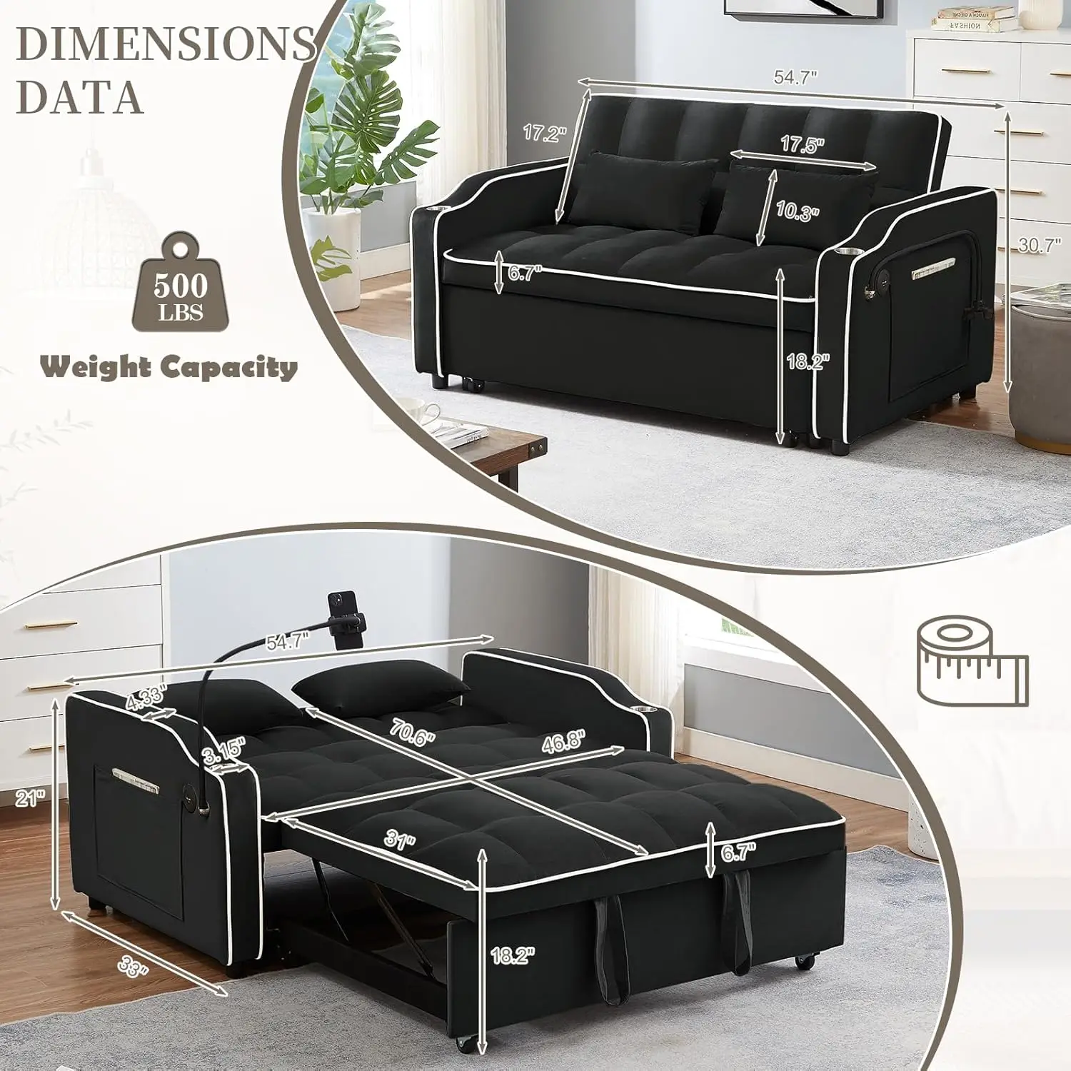 3 in 1 Convertible Sleeper Sofa Bed Velvet Pull Out Couch Bed USB Type C Port Comfy Futon Loveseat Adjustable Backrest Phone