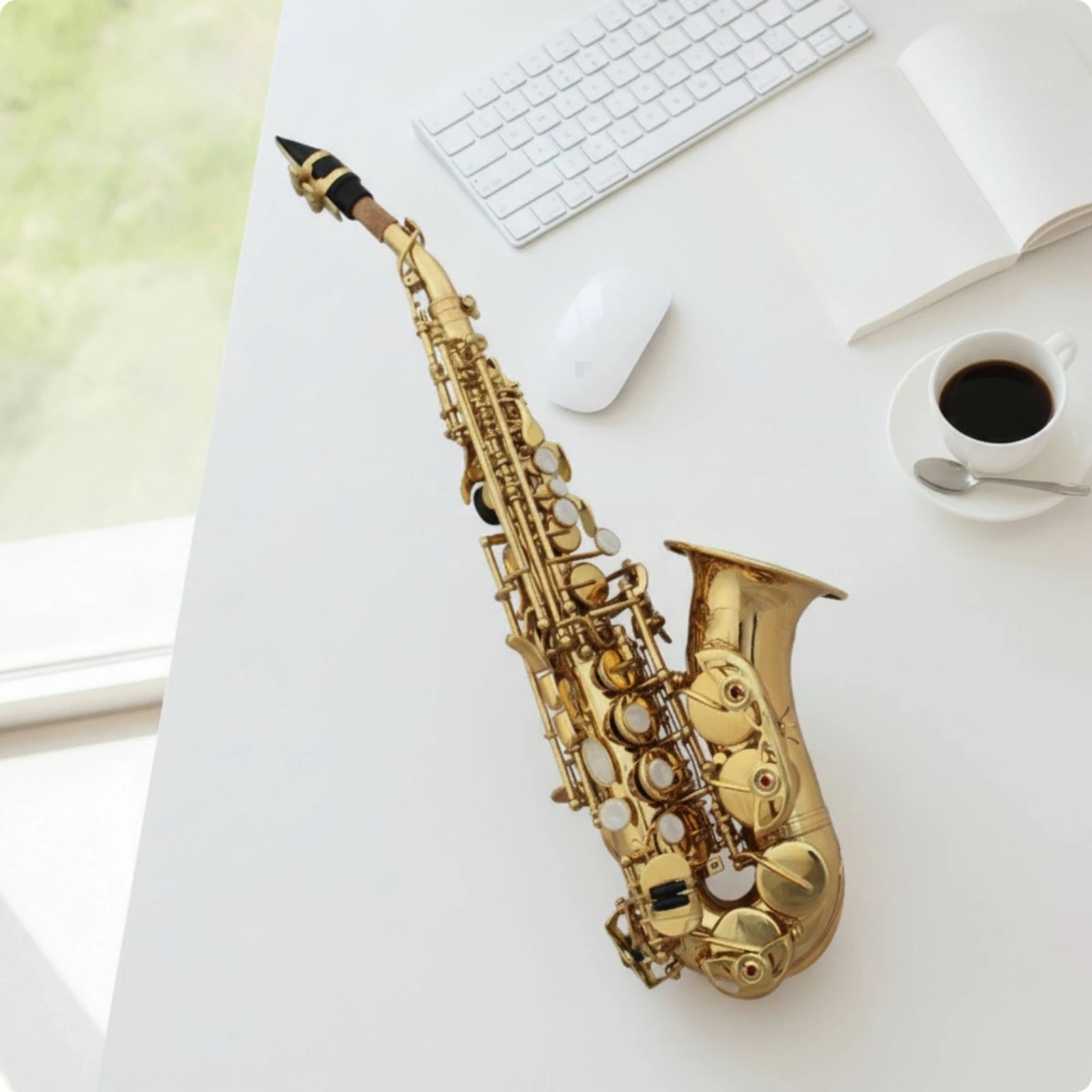 Curved Soprano Saxophone Brass Saxophone with Bent Neck Woodwind B and B Instrument Compact for Students, Practice, Home Playing