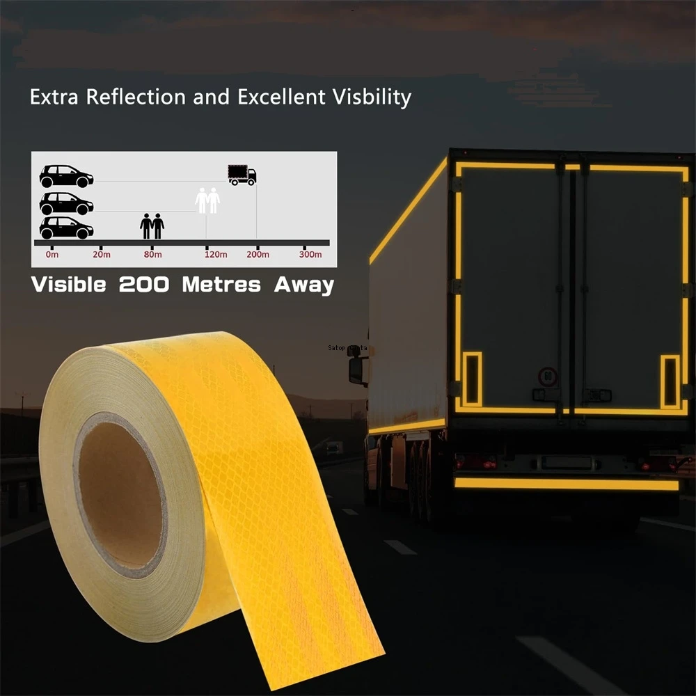 Cinta adhesiva reflectante de advertencia de carretera de seguridad, cinta adhesiva impermeable para camión, color amarillo de alta reflexión, 10cm x 5m, PET