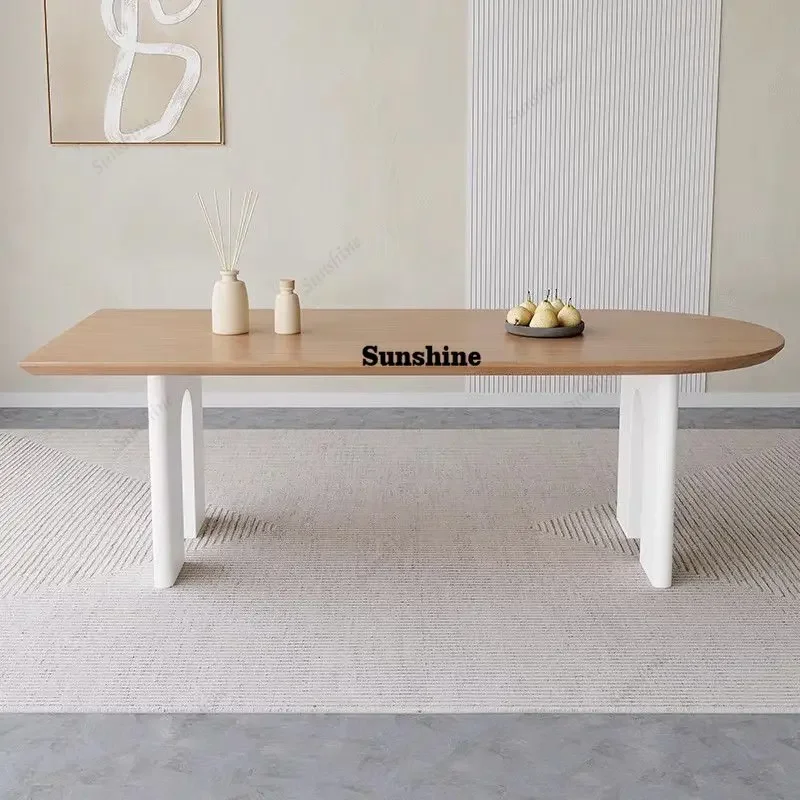 

Cream wind solid wood dining table Household rectangular semi-round dining table against the wallTJ