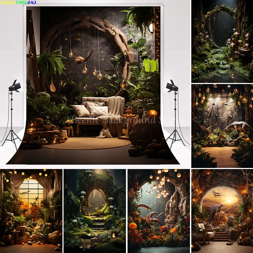 

Dreamy Forest Backdrop Jungle Tree Dinosaur Baby Portrait Kid Birthday Party Decor Photography Background Photot Studio