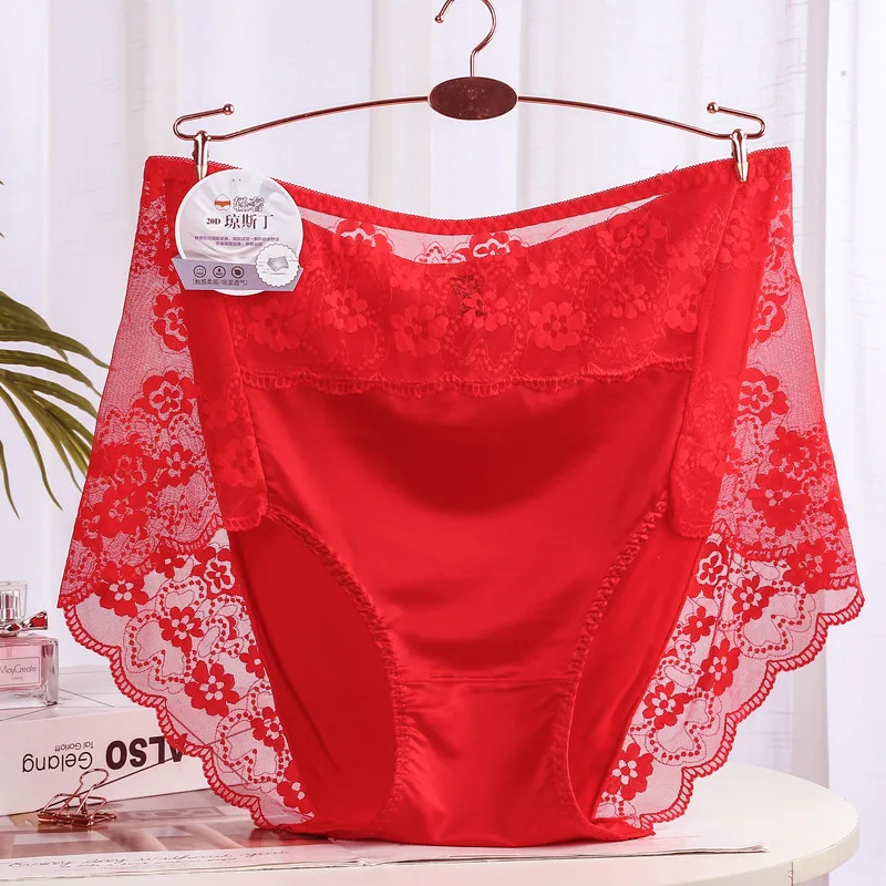 XXXL Ultra-thin Mesh Transparent Big Size Underwear Modal Cotton Lace Briefs Silky Satin Elasticity High Waist Panties