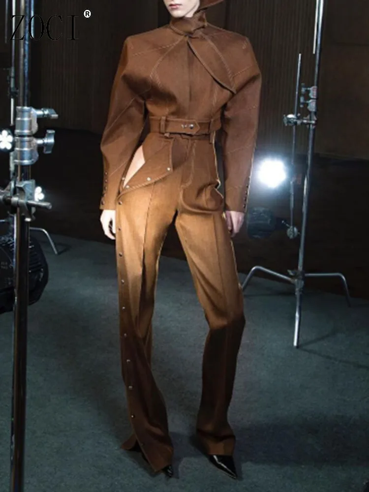 

ZOCI Women's Scraf Collar Short Jackets Pants Sets Fashion Design Female Side Breasted Solid Color Trousers 2025 Spring New Suit