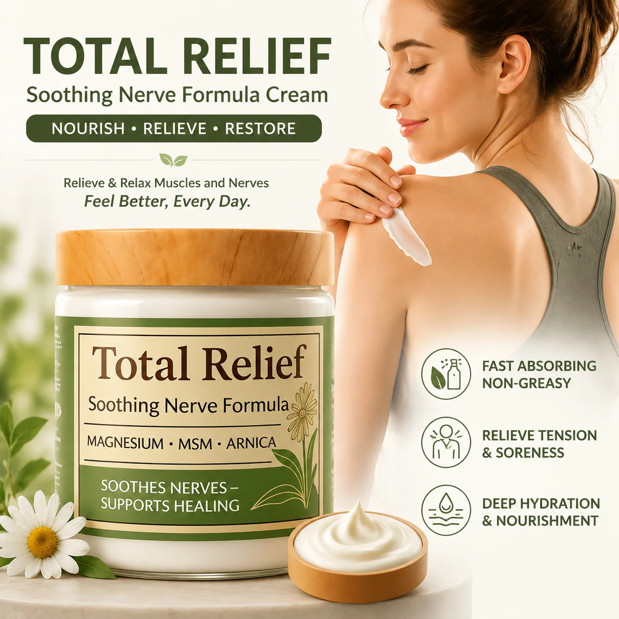 Natural Total Relief Magnesium Soothing Massage Cream Relieves Tension & Muscle Discomfort, Deep Moisturizing for All Skin Types
