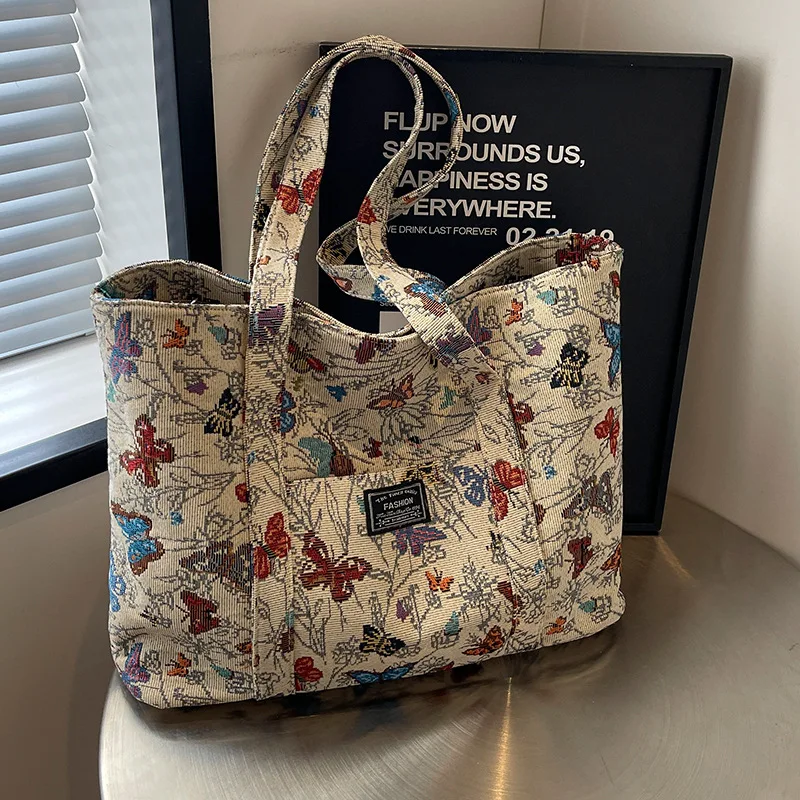 Premium Large Capacity Canvas Shoulder Bag Women Ins Dream Butterfly Tote Bag Fashion Commuter Bag For Student Class Daily