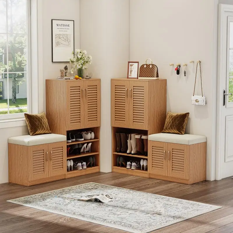 Multifunctional Shoe Storage Cabinet with Bench and 10 Storage Compartments, Adjustable Shelves, Cushioned Shoe Bench for
