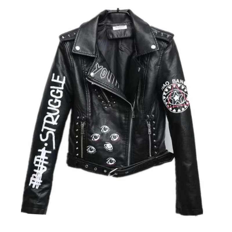 Autumn Winter Women Leather Jacket Rivets Faux Leather Motorcycle Jacket Streetwear Letter Print Y2k Zipper Black PU Leather 3D