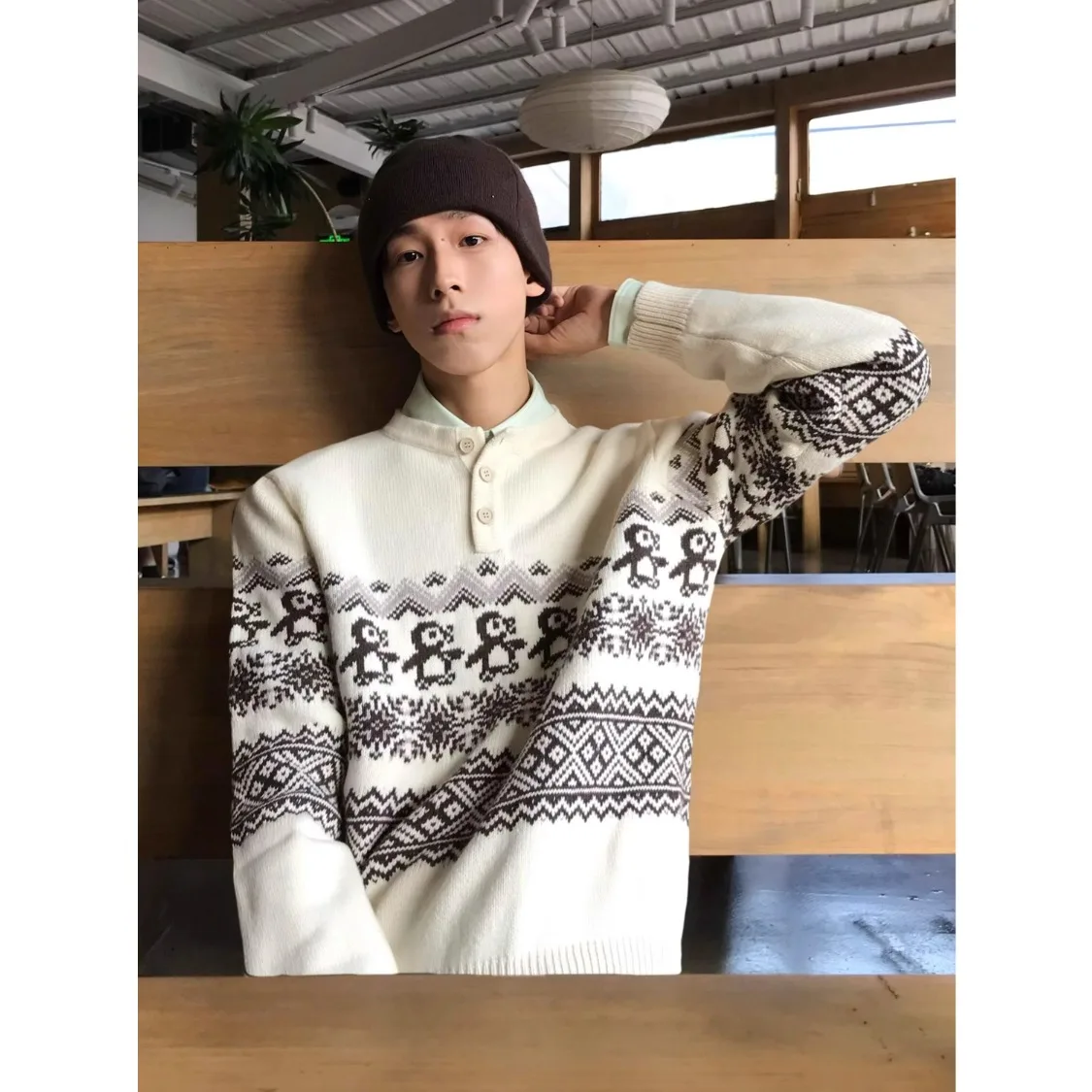 

Cisas Penguin Fair Isle Henry Ne Knitwear Men Women Sle Autumn Winter Lazy High-End Feeling Loose Fit Polyester Fiber