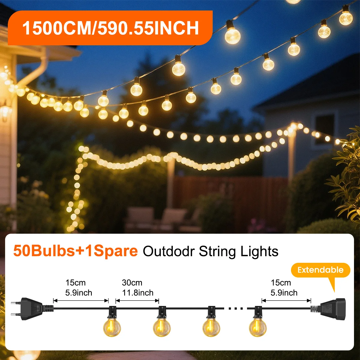 30M/15M G40 LED Globe Lichtslingers Buiten met EU-stekker, waterdichte aaneenschakelbare hanglamp voor feesttuinbalkon