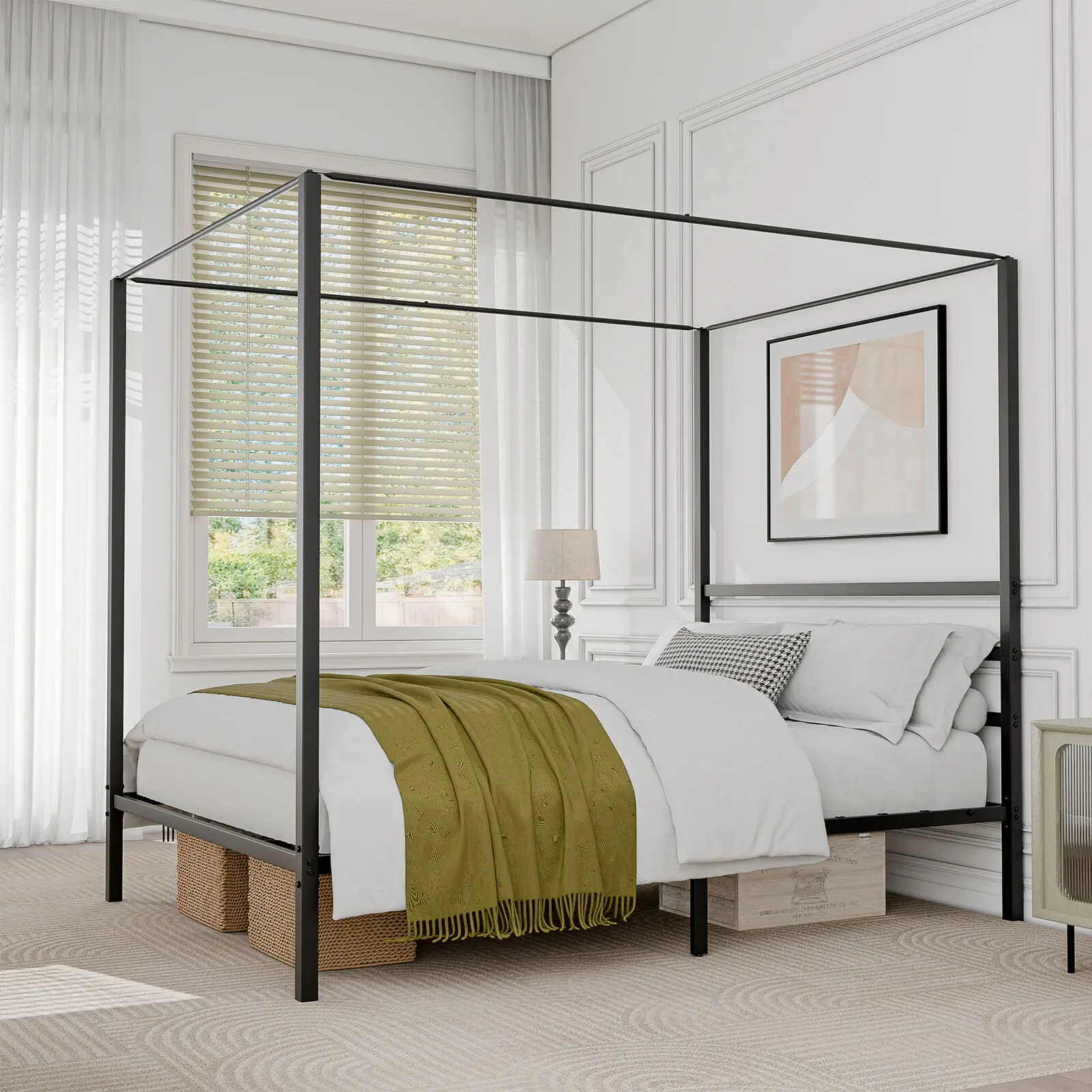 

Metal Canopy Bed Frame Mattress Foundation w/Headboard Slat Support Queen Size