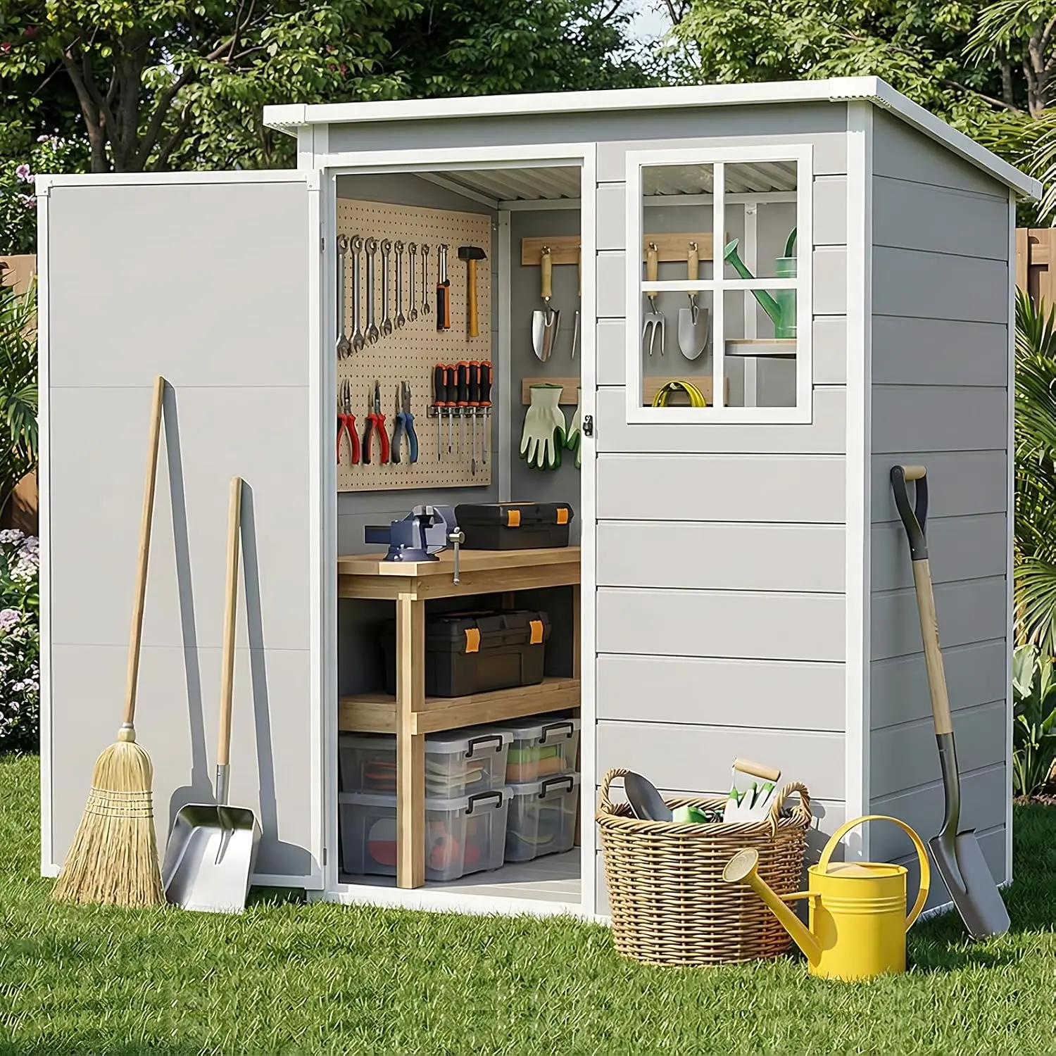 Caseta de Almacenamiento Exterior de 5x3 Pies, Caseta de Jardín de Resina Plástica con Puerta con Cerradura, Piso y Ventana, Caseta Exterior para Patio, Jardín, Bicicletas, Garaje