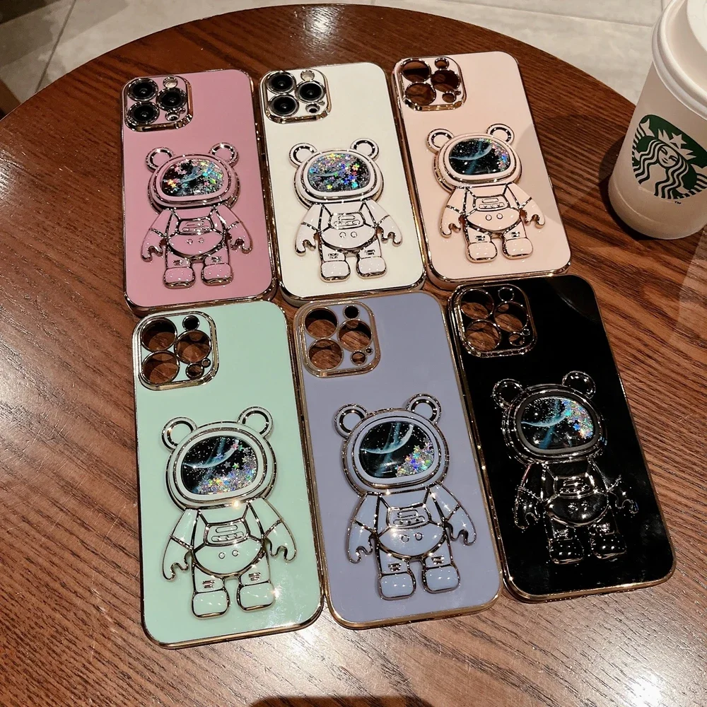 Astronaut Quicksand Bear Fold Bracket Case for iPhone 16 15 14 ProMax Plus 13 12 11 Pro Max XR Xs Max Slim Silicone Soft Cover