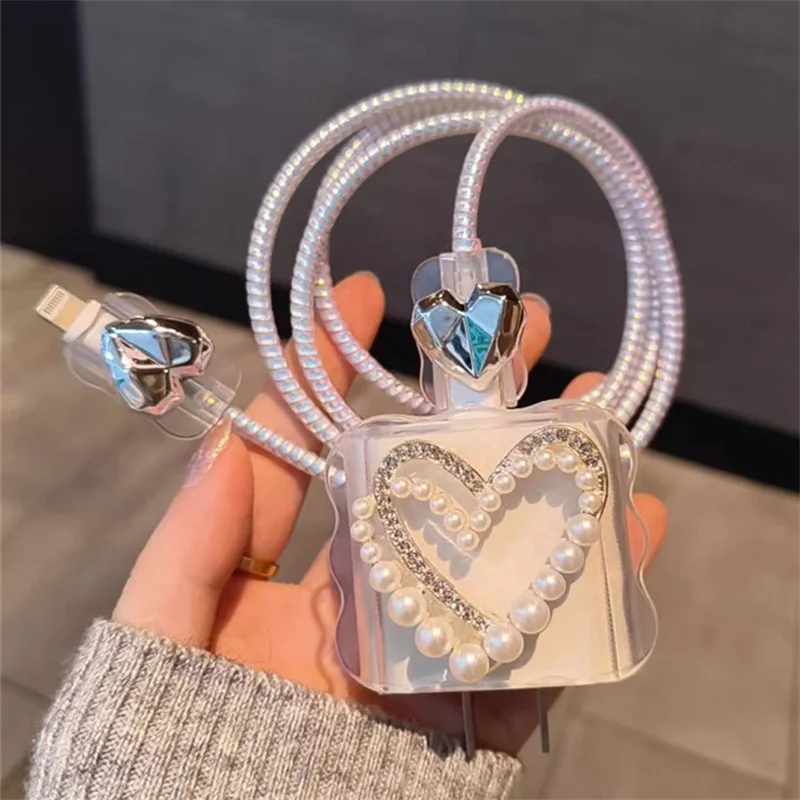 Luxury 3D Pearl Love Heart Charger Cover For IPhone 11 12 13 14 15 18W-20W Charge Correa Cute Transparent Protection Accessories