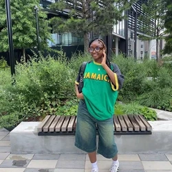 Women's Summer 2024 Y2K Jersey Large Long Short Sleeve T-shirt  New High Quality Pattern Printed Jamaica Fashion T-shirt