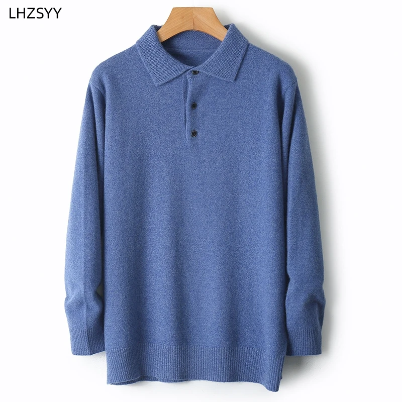 LHZSYY 100%Merino Wool Hot Cardigans Men Lapel Pullover Long Sleeve POLO Neck Sweaters Loose Tops Knit Clothing Large Size Shirt