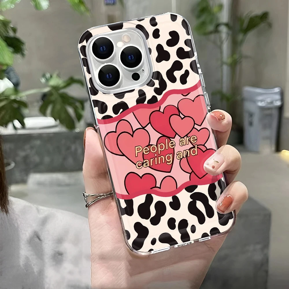 Casing HP INS Motif Leopard Love untuk iPhone 13 15 11 14 12 16 Pro Max 7 Plus 16e XR XS Max SE 2022 Bahan TPU Lembut Transparan