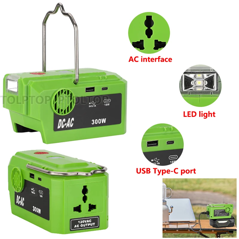 

120V-220V Portable Power Inverter For Greenworks 40VLi-ion Battery Adapter 300WInverter with AC Outlet USB Type-C port LED light