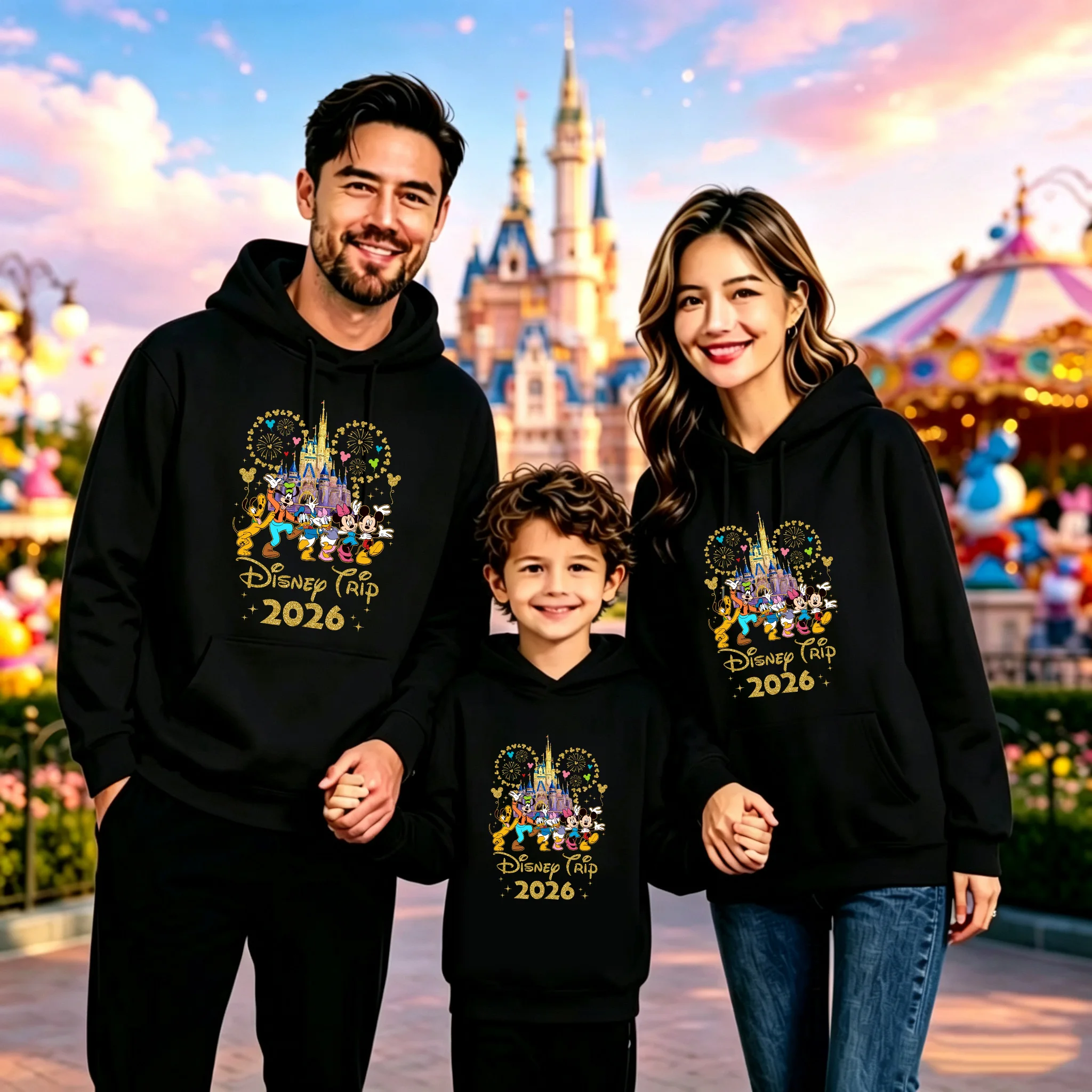 Family Matching Multicolored Outfit  Hoodie 2026 Trip Castle Graphic Print Pullover Sweatshirt for Mom Dad and Kids