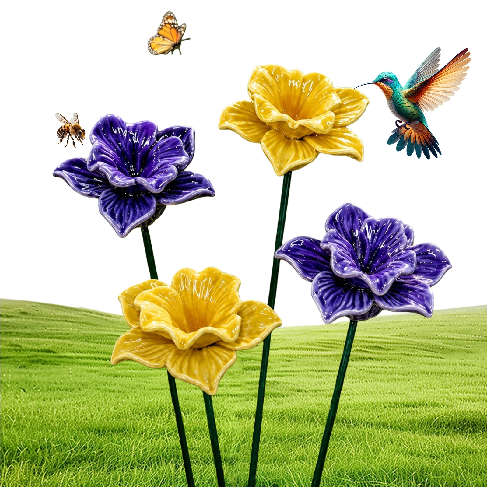 3pcs Ceramic Bee Watering Station Decorative Bird Bath Garden Stake Metal Bee Butterfly Feeder for Outdoor Yard Lawn Decoration