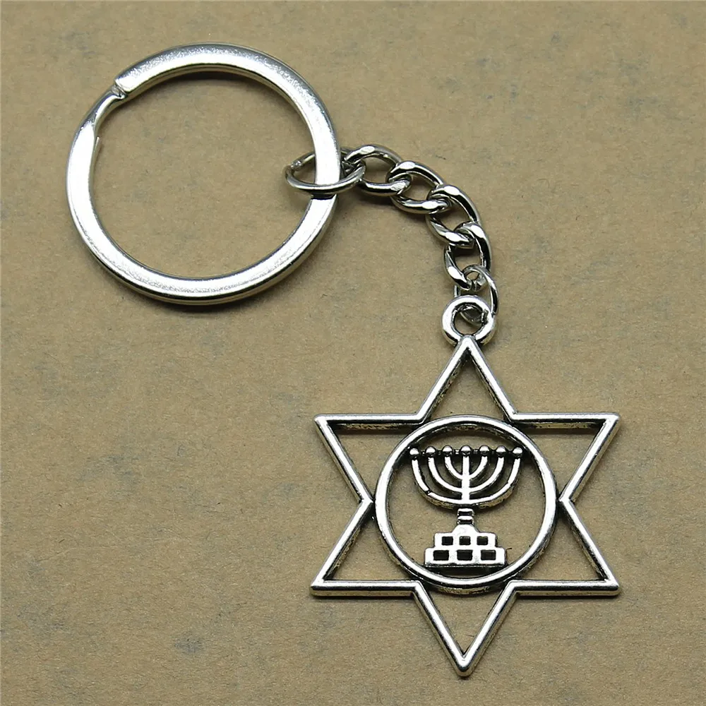 Keychain Car Judaism Menorah Star Of David DIY Jewelry Making Gift For New Year 39x32mm Pendant Silver Color Plated