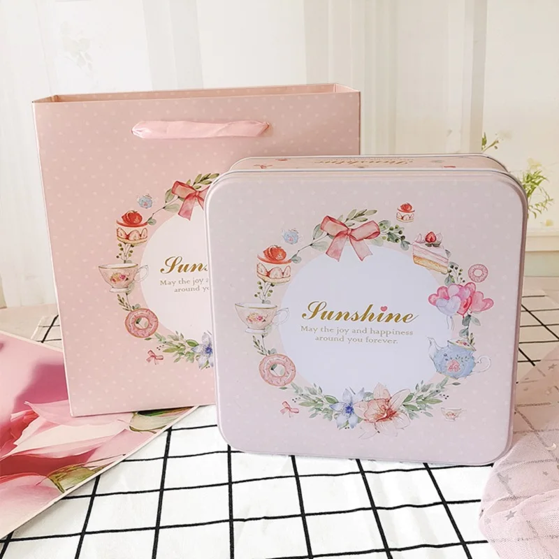 

Large Square Retro Flower Cookies Storage Tin Box With Lid Metal Candy Chocolate Home Organizer Coffee Sugar Tea Container