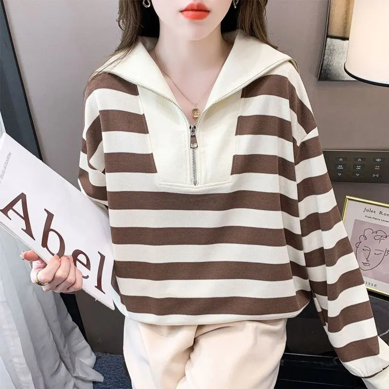 

Lazy Style Long Sleeved Striped Hoodie Women's New Design Fashionable Slim Fit Korean Version Navy Collar Top