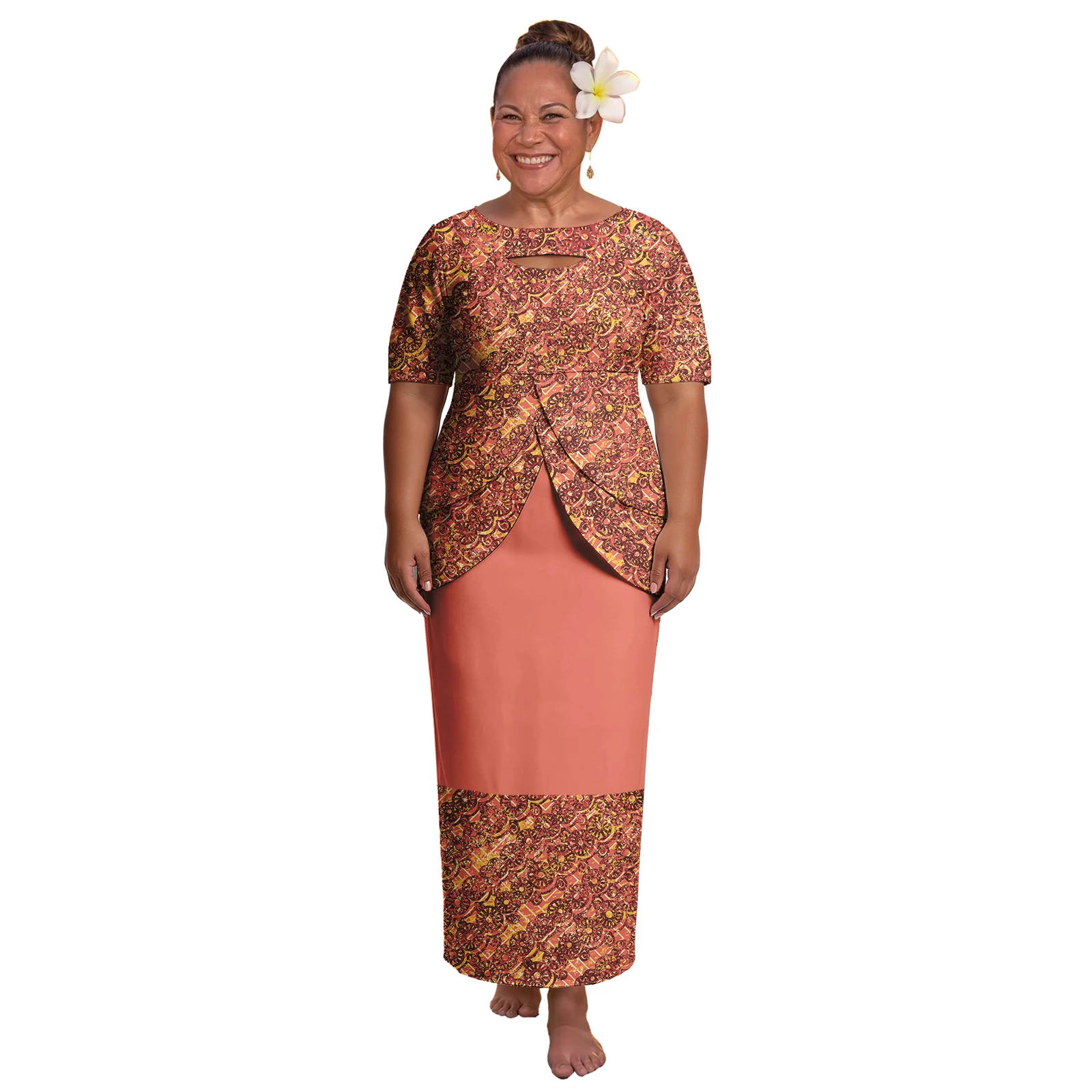 Excellent Print Hawaiian Plus Size Dress Samoan Elegant Lady Clothes Polynesian Double Layer Slit Top 2pc Set Puletasi for Women