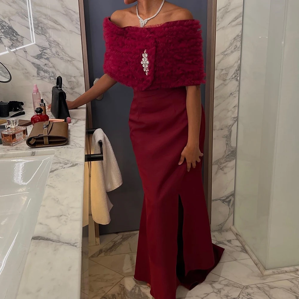 

Elegant Off the Shoulder Front Slit Evening Dress Sheath Floor Length Jersey Sleeveless Burgundy Modern pleats Crystal 2024