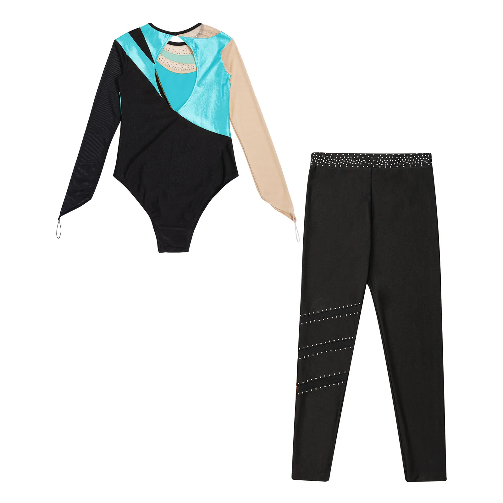 Girls Long Sleeve Gymnastics Leotard Glitter Figure Skating Bodysuit with Trousers Ice Skating Competition Dance Costume