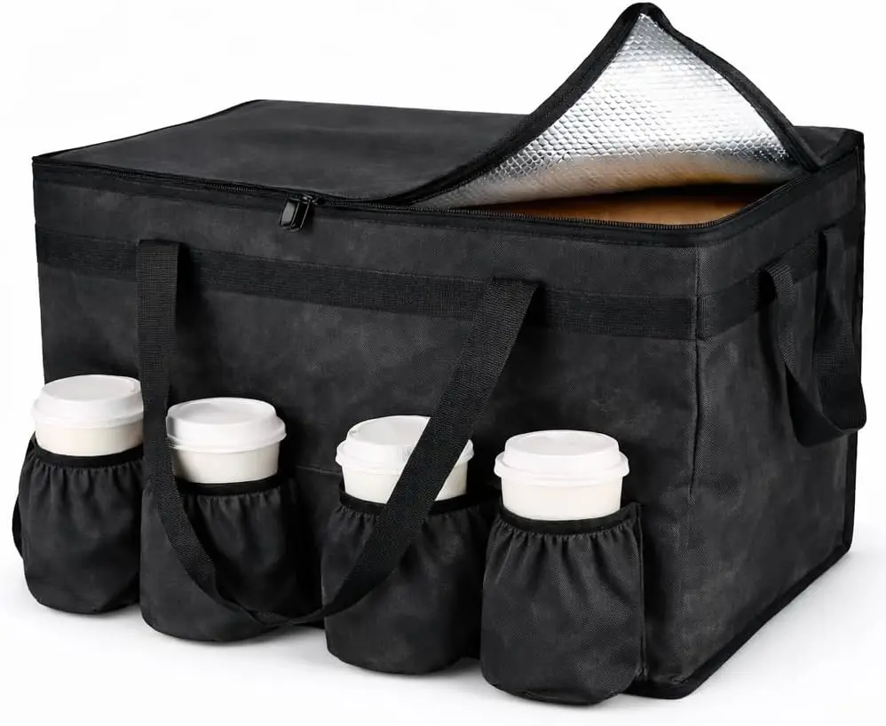 

Insulated Food Delivery Bag with 4 Cup Holders, XXL Thermal Pizza Carrier Keeps Food Hot or Cold, Heavy Duty Catering and