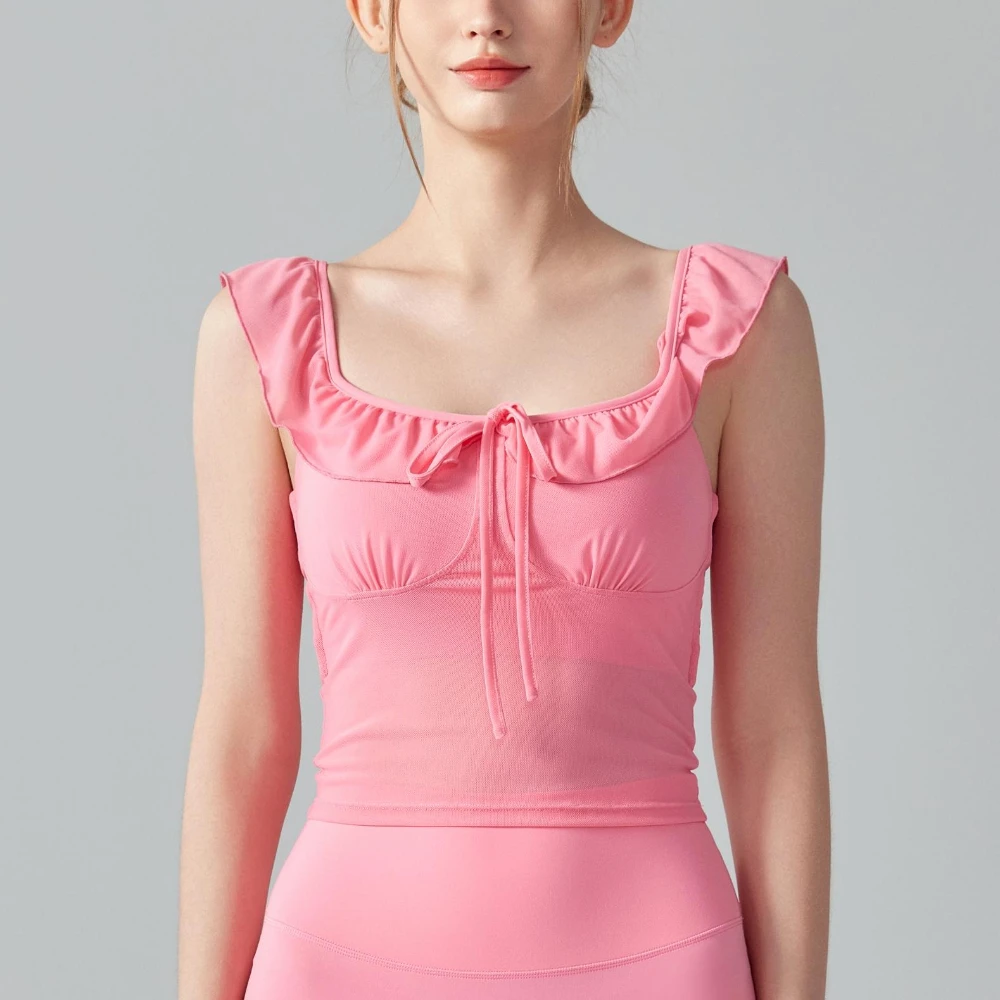 miml-女性服トップスフレンチレーストリムバタフライノットタイストラップベスト女性夏痩身ノースリーブヨガトップ