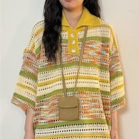 Retro Stripe Knit Shirt Women Colorful Openwork Button Up Shirt Asymmetrical Short Sleeve Collared Top CasualSpringSummerFashion