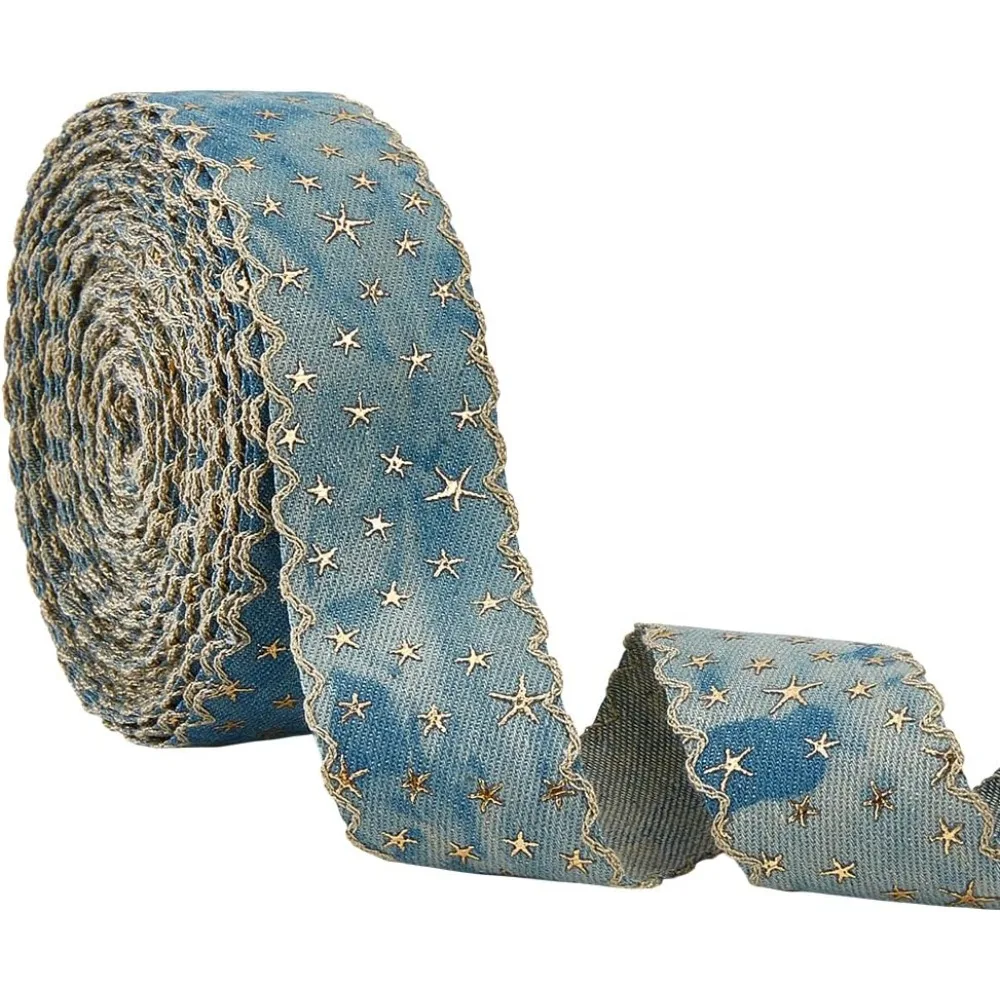

14 ярдов джинсовой тесьмы цвета «Кадетский синий» с золотой фольгированной звездой, тесьма с проволочным краем для упаковки подарков и шитья