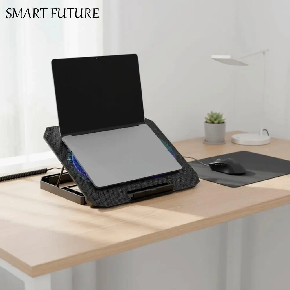 

CPU Cooling Foldable Laptop Table RGB Two Fans Colored Lights Notebook Riser Portable Height Adjustable Laptop Stand Holder