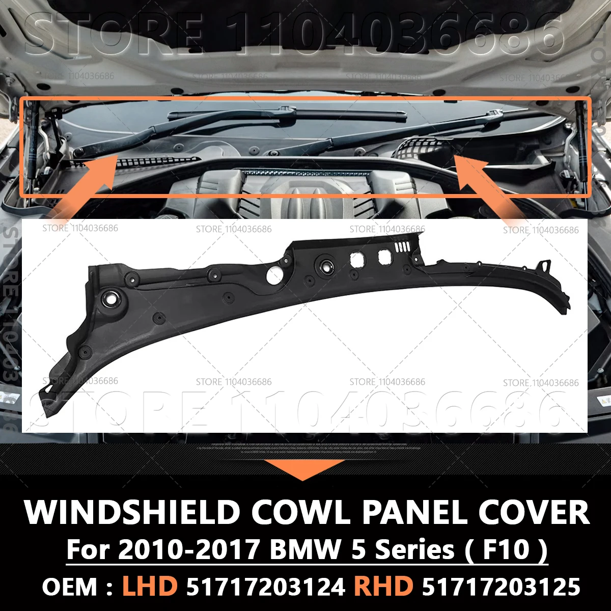 

For 2010-2017 F10 BMW 528i 528iX 535d 535dX 535i 535iX 550i 550iX Windshield Cowl Panel Cover LHD 51717203124 / RHD 51717203125