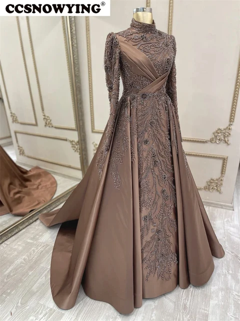 Full Sleeve Hijab Muslim Evening Dresses Satin Appliques Islamic Formal Party Gown Women High Neck Arabic Dubai Robe De Soiree