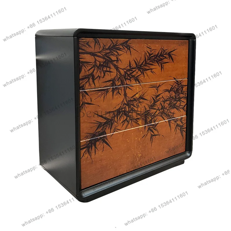 

Medieval style ink bamboo three-bucket cabinet, living room entrance decorative storage cabinet, fully equipped with solid wood