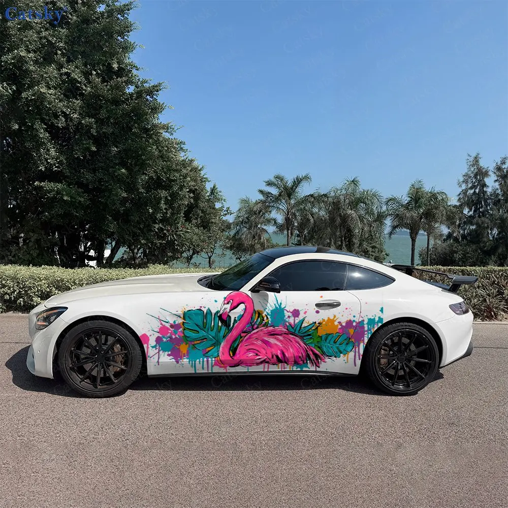 2 peças de Adesivo de Carro Flamingo Grafite, Decoração Floral para Carroceria Completa, Proteção contra Arranhões, Adesivo de Vinil Automotivo Impermeável