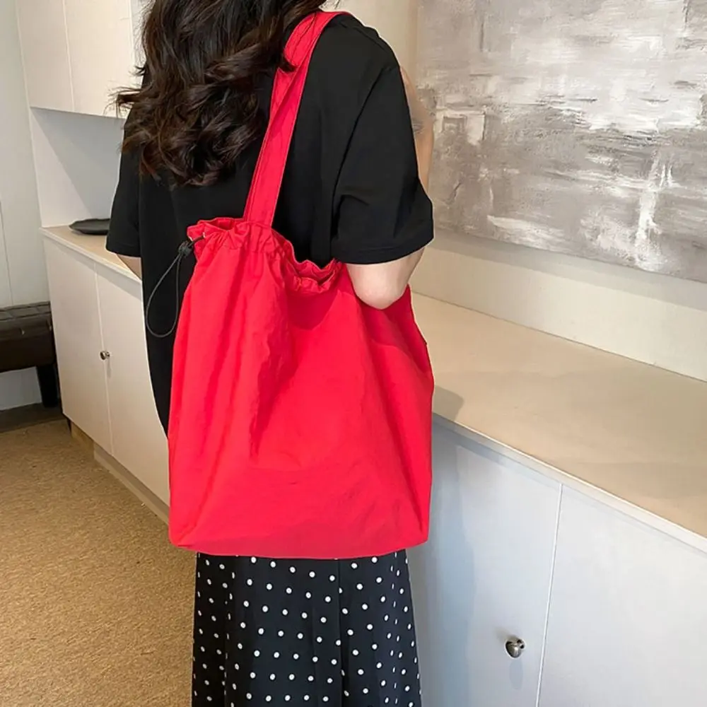 

Solid Color Drawstring Tote Bag Reusable Washable Shopping Bag Large Capacity Environment-Friendly Canvas Handbag Ladies